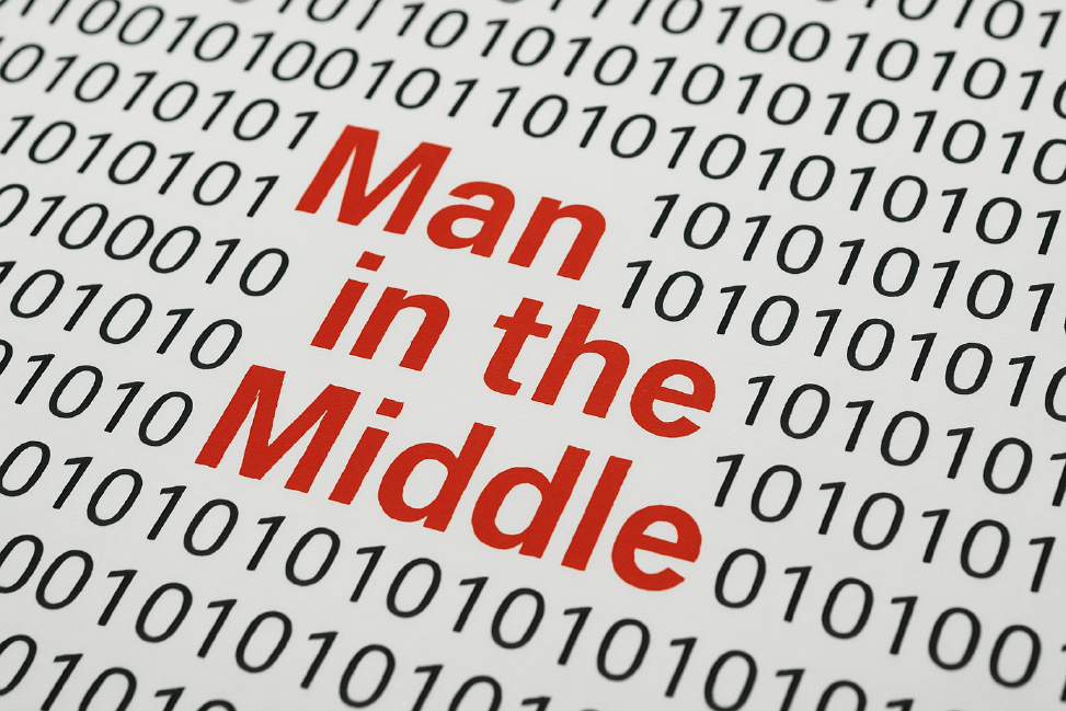 Der Begriff Man in the Middle steht in roten Buchstaben inmitten von Nullen und Einsen und verdeutlicht wie der Mittelsmann die Kommunikation mitliest.