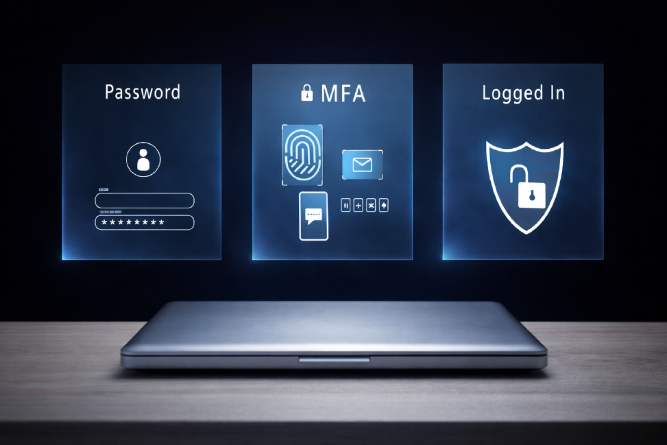 Über einem zugeklappten Laptop beschreiben drei Fenster den Login-Prozess bestehend aus Benutzername und Password, MFA und dem anschließenden Login.