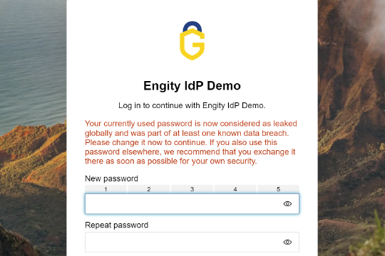 Login screen from Engity's demo alerting user that their password was hacked and should be exchanged