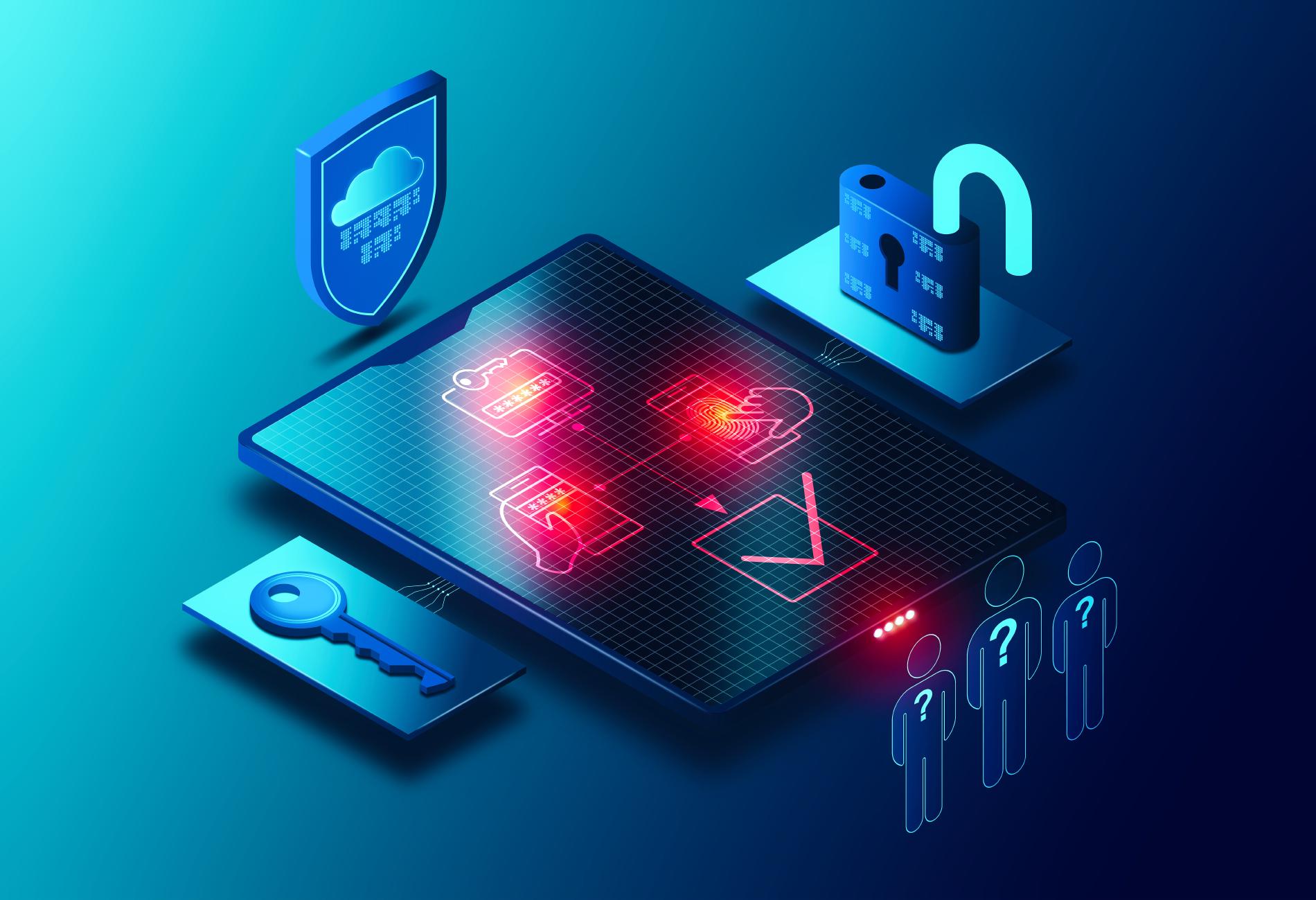 User is clicking on a tablet (biometric login) and gets additional security by a multi-factor authentication concept symbolized by a 3d illustration consisting of key, lock and shield next to the tablet.