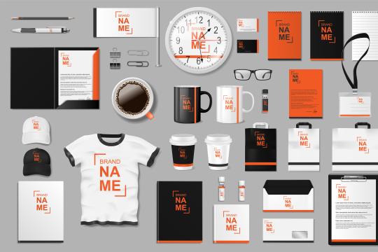 Collection of Corporate Branding Identity goods, e.g. T-Shirts, cups, hats, pens, customized paper show the possibilities of customization of Engity's Identity and Access Management solution
