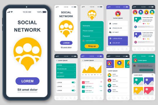 Smartphone with social network login screen and set of different social network design templates showing the possibility to implement not so popular Social Logins on your own.
