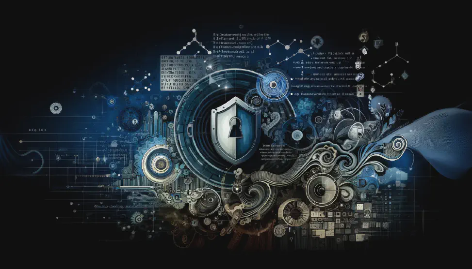 Abstract illustration that show a keyhole inside of a shield surrounded by serifs and code.