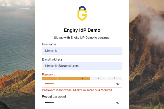 Registration process at Engity's IdP advises user that their password is too weak and not safe enough with a password strength of 3 out of 5 and asks user to provide a different password with a higher strength score.