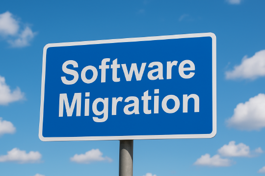 In front of a blue sky with clouds stands a blue traffic sign, like those often seen on highways, with the words 'Software Migration' on it.