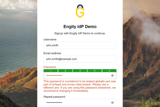 Screenshot from Engity's demo showing the registration screen with a note that a leaked password was entered.