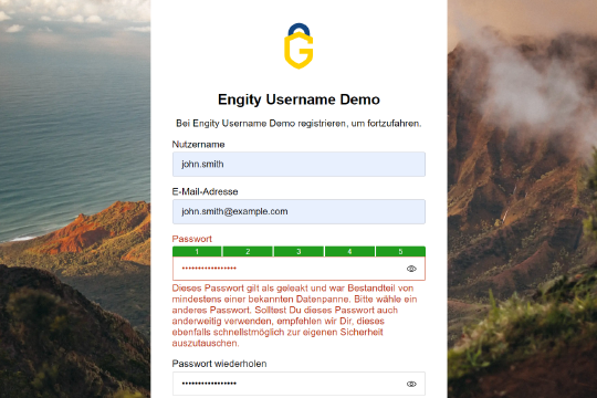 Screenshot aus der Engity-Demo, der den Registrierungsbildschirm mit dem Hinweis zeigt, dass ein geleaktes Passwort eingegeben wurde.