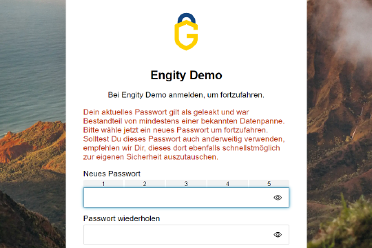 Anmeldebildschirm aus der Engity-Demo, der den Benutzer darauf hinweist, dass sein Passwort gehackt wurde und ausgetauscht werden sollte.