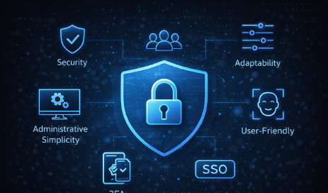 Vor einem dunklen Hintergrund zeigen Symbole wie Security, 2FA oder Adaptability was ein modernes Zugangssystem ausmacht.