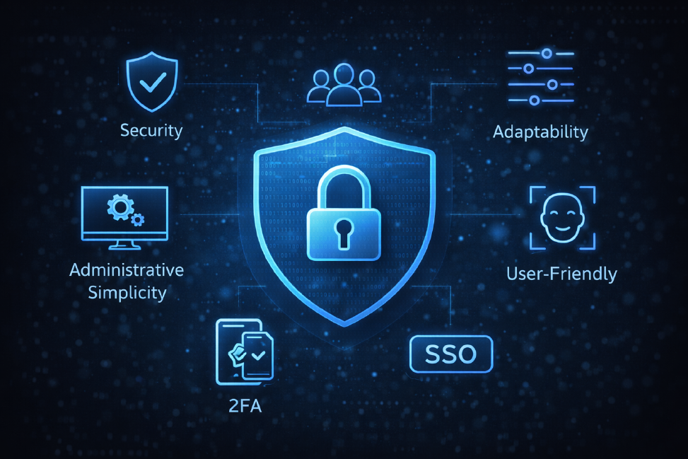 Expectations for modern online authentication methods Against a dark background, symbols such as Security, 2FA or Adaptability show what a modern access system is all about.