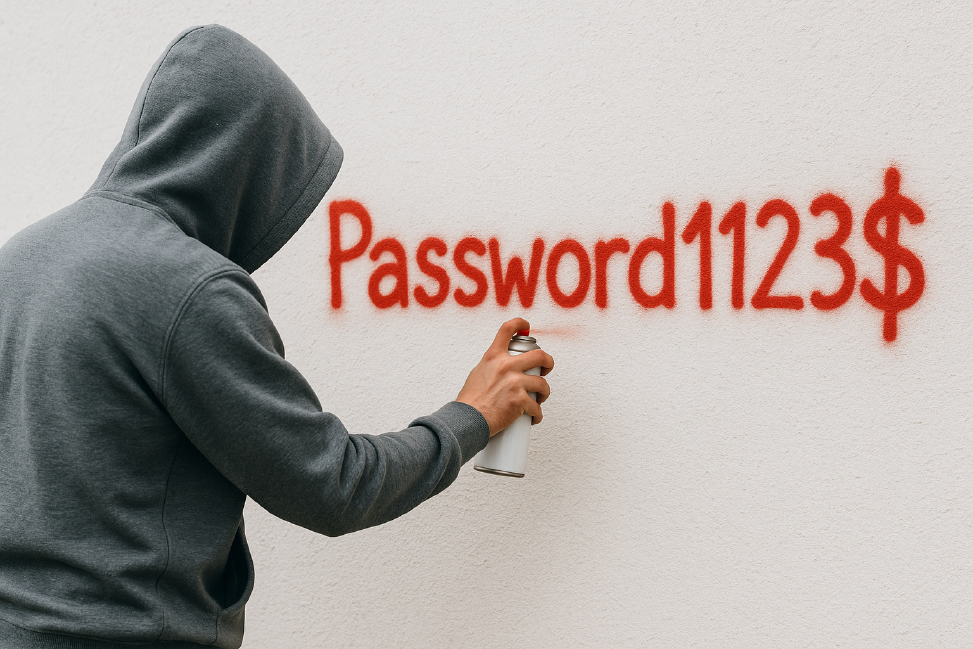 As with password spraying, a hacker sprays a weak password such as Password1123$ on a wall.