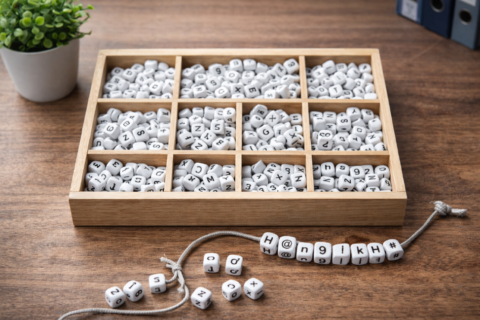 How can I create a secure password? Inside a wooden box are beads, each bearing a different letter, number, and special character; in front of it is a string on which some beads have already been strung to form a password.