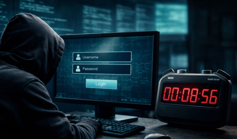 A hacker sits in front of a screen trying to gain access to a user account; a digital stopwatch is running next to him.
