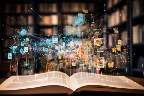 A book is lying open on a table in a library and interactive elements representing Engity's knowledge-based authentication are coming alive in the book.