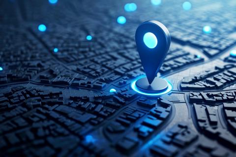 A digital map shows a large pin and several smaller locations for location-based IP authentication with Engity's IAM solution.