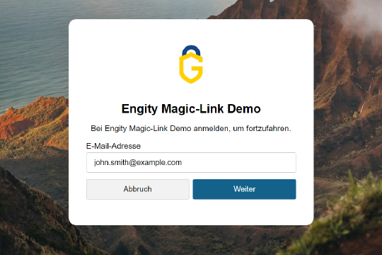 Screenshot des passwortlosen Magic Link-Demo-Anmeldebildschirms von Engity