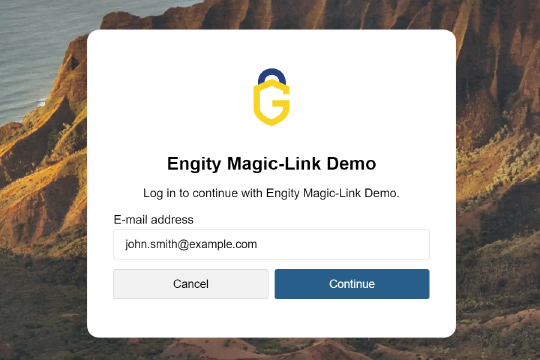 Screenshot of Engity's passwordless Magic Link demo sign-up screen