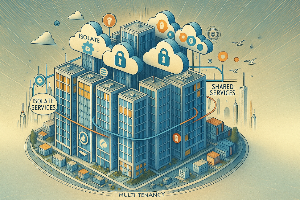 Mehrere große, individuell gestaltete Wolkenkratzer mit darüber schwebenden Internetwolken stehen für das Multi-Tenant-Konzept in der IT-Welt.