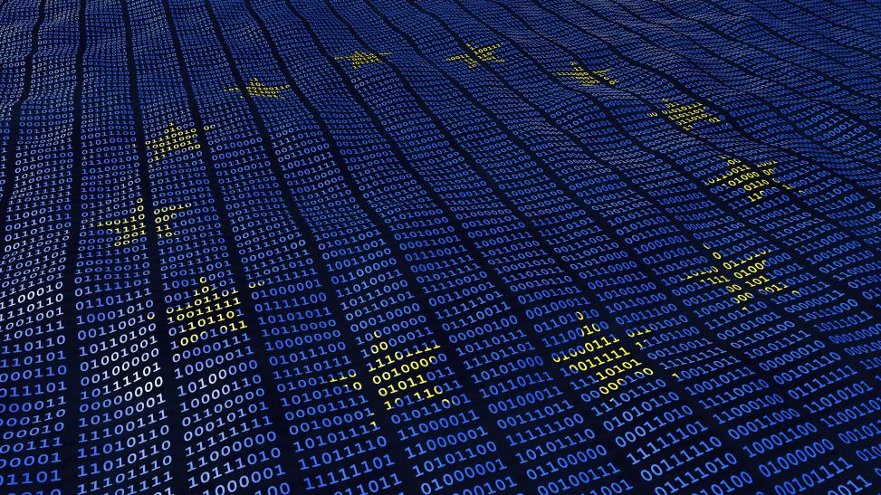 The waving flag of the European Union created from binary code with its twelve golden stars.