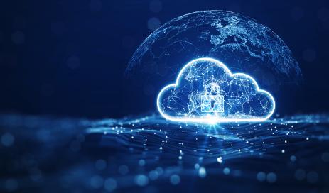 A data cloud with data points and a padlock in front of an image of the globe.