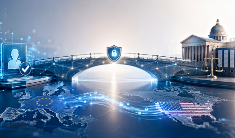 A digital data protection bridge between Europe on the left and America on the right, as well as the data flows between the two continents.