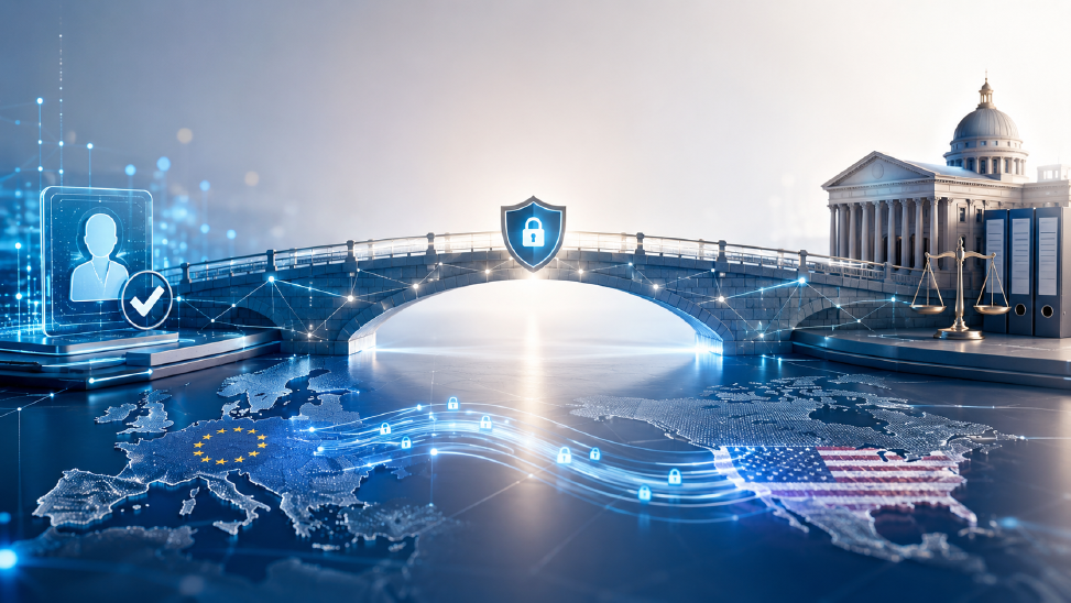 A digital data protection bridge between Europe on the left and America on the right, as well as the data flows between the two continents.