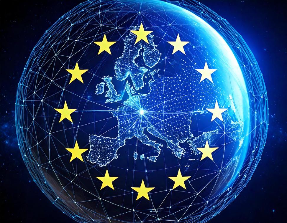 A network of data floats over a globe on which the EU flag is projected.