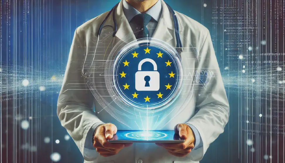 Doctor holding a tablet with a holographic data protection button and EU flag as a symbol for data protection in healthcare