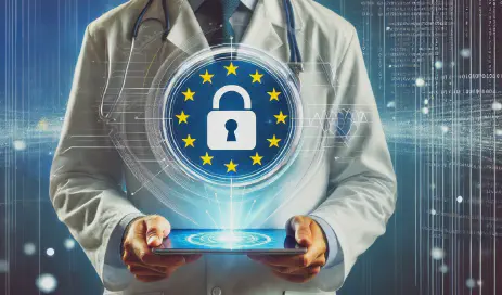 Doctor holding a tablet with a holographic data protection button and EU flag as a symbol for data protection in healthcare