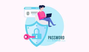 A man using a laptop and relying on a password manager to easily & securely store all his passwords which is additionally symbolized by a padlock in a shield.