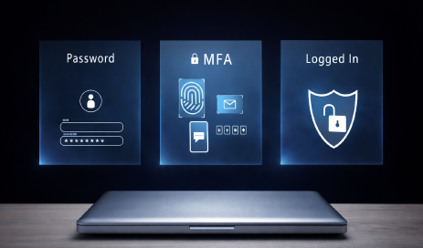 Above a closed laptop, three windows illustrate the login process, which consists of entering a username and password, MFA, and the subsequent login.