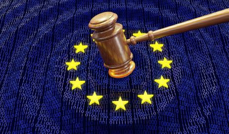 Hammer symbolizing European Courts and Data protection authorities coming down on yellow stars symbolizing the EU.
