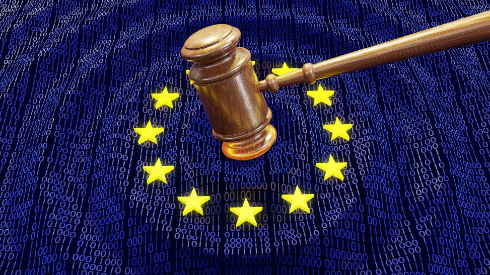 Hammer symbolizing European Courts and Data protection authorities coming down on yellow stars symbolizing the EU.
