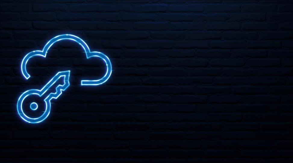 A key is symbolically placed in a data cloud in front of a dark blue wall, and both symbols look like LED neon signs.