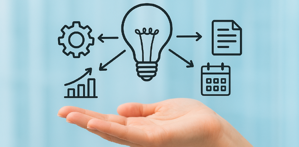 Secure funding with Engity A drawn light bulb hovers above the palm of a hand, and four arrows point from this light bulb to four symbols, a gear, a diagram, a sheet of paper, and a calendar.