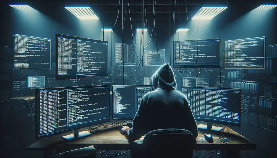 A hacker sitting in front of some screens is about to launch another attack using the data from a previous password leak.