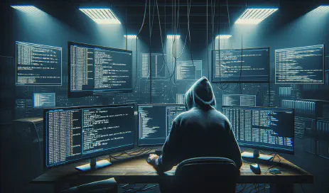 A hacker sitting in front of some screens is about to launch another attack using the data from a previous password leak.