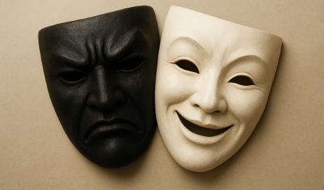 The harmless website conceals the manipulated version A black theater mask representing evil lies next to a white theater mask representing good.