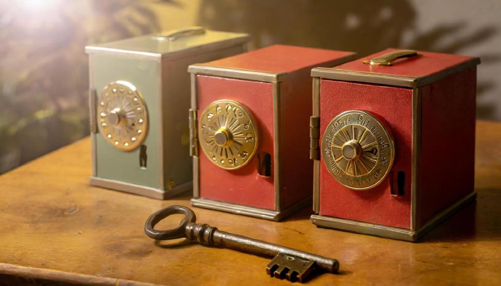 Three colored safes with a key lying in front of them symbolizing alternatives for Keycloak