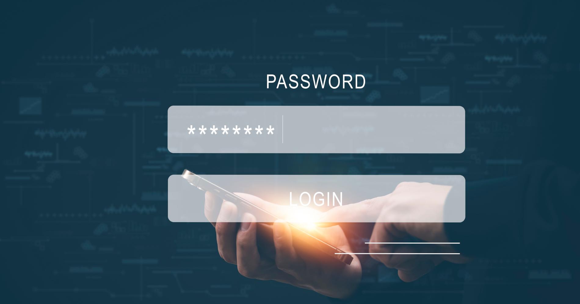 A login screen with password field is laid over a user hand holding smartphone in one hand and typing with his other hand.
