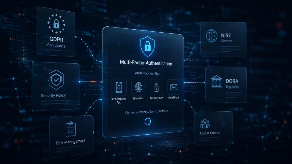 Wann ist MFA sinnvoll und wann Pflicht? Um ein zentral schwebendes MFA-Authentifizierungsfenster befinden sich mehrere digitale Panels mit Symbolen für Compliance und Risikomanagement sowie einzelner kurzer Begriffe wie DSGVO, NIS2 oder Security Policy.