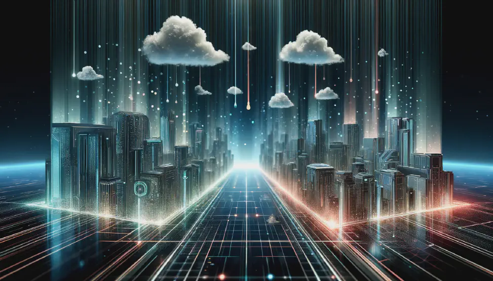 AI generated image featuring a network on the ground with futuristic buildings reminiscent of the TRON movie. Above the scene, clouds float and digital