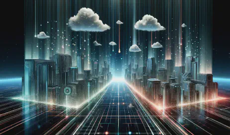 AI generated image featuring a network on the ground with futuristic buildings reminiscent of the TRON movie. Above the scene, clouds float and digital