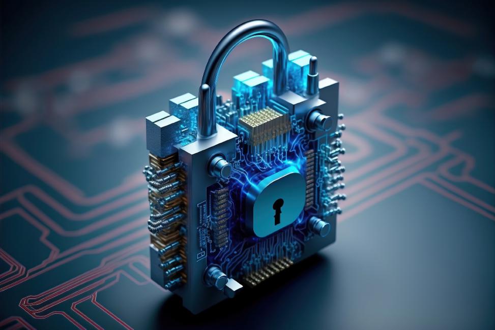 An electrified padlock made with electronic components symbolizes security in cloud computing and helping to respect EU data protection regulations