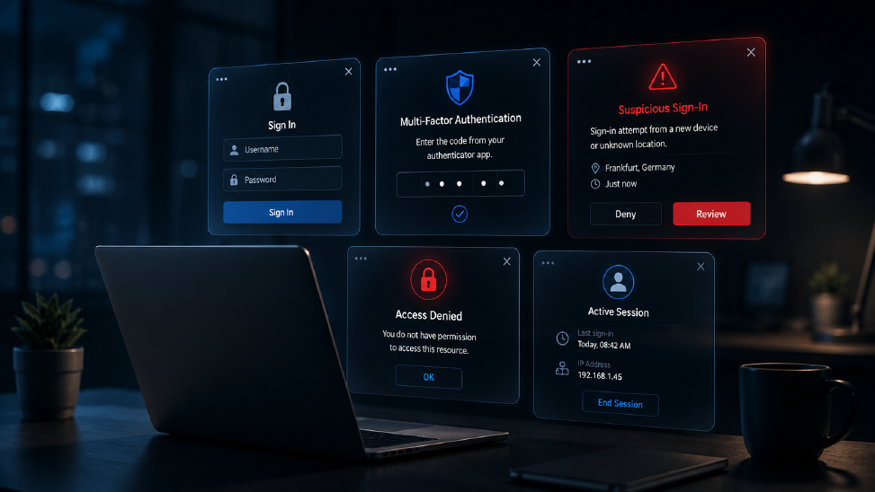What is important when an IAM system has been hacked A dark cybersecurity scenario featuring floating authentication windows, MFA prompts, and warning alerts above a laptop, symbolizing secure access management.