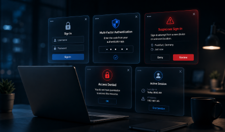 A dark cybersecurity scenario featuring floating authentication windows, MFA prompts, and warning alerts above a laptop, symbolizing secure access management.