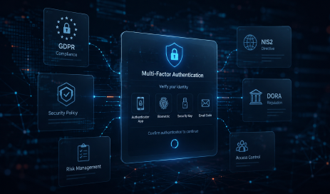 Surrounding a centrally floating MFA authentication window are several digital panels featuring icons for compliance and risk management, as well as individual short terms such as GDPR, NIS2, or Security Policy.