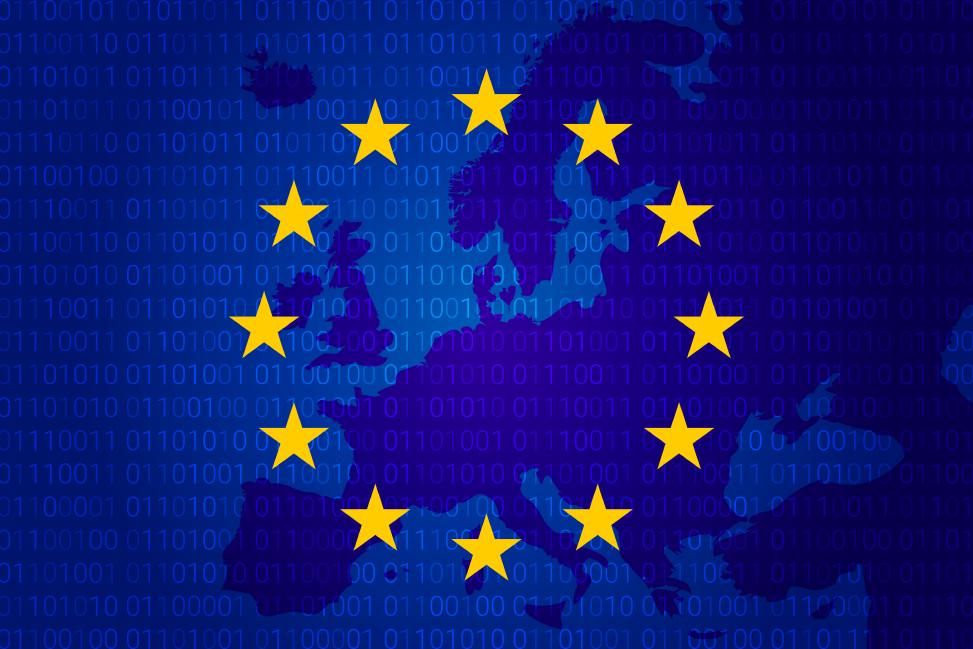 A map of Europe in blue, with the 12 golden stars and a binary code.