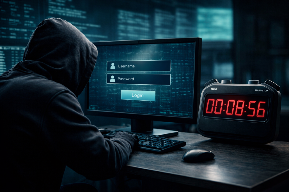 Ein Hacker sitzt vor einem Bildschirm und versucht Zugang zu einem Benutzerkonto zu erhalten, daneben läuft eine digitale Stoppuhr.